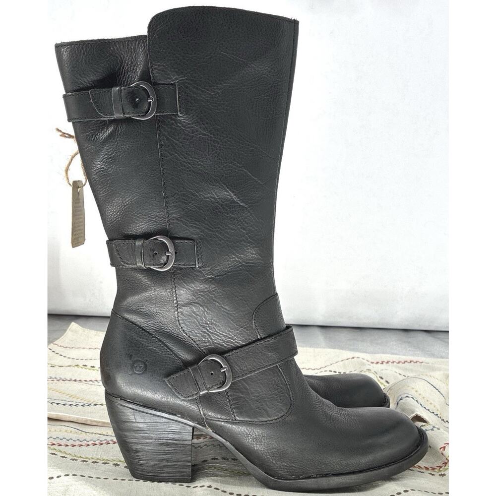 Born D77303 Boots Womens 11 M NWT Black Leather Tall Moto Triple Buckle Biker - Picture 3 of 8